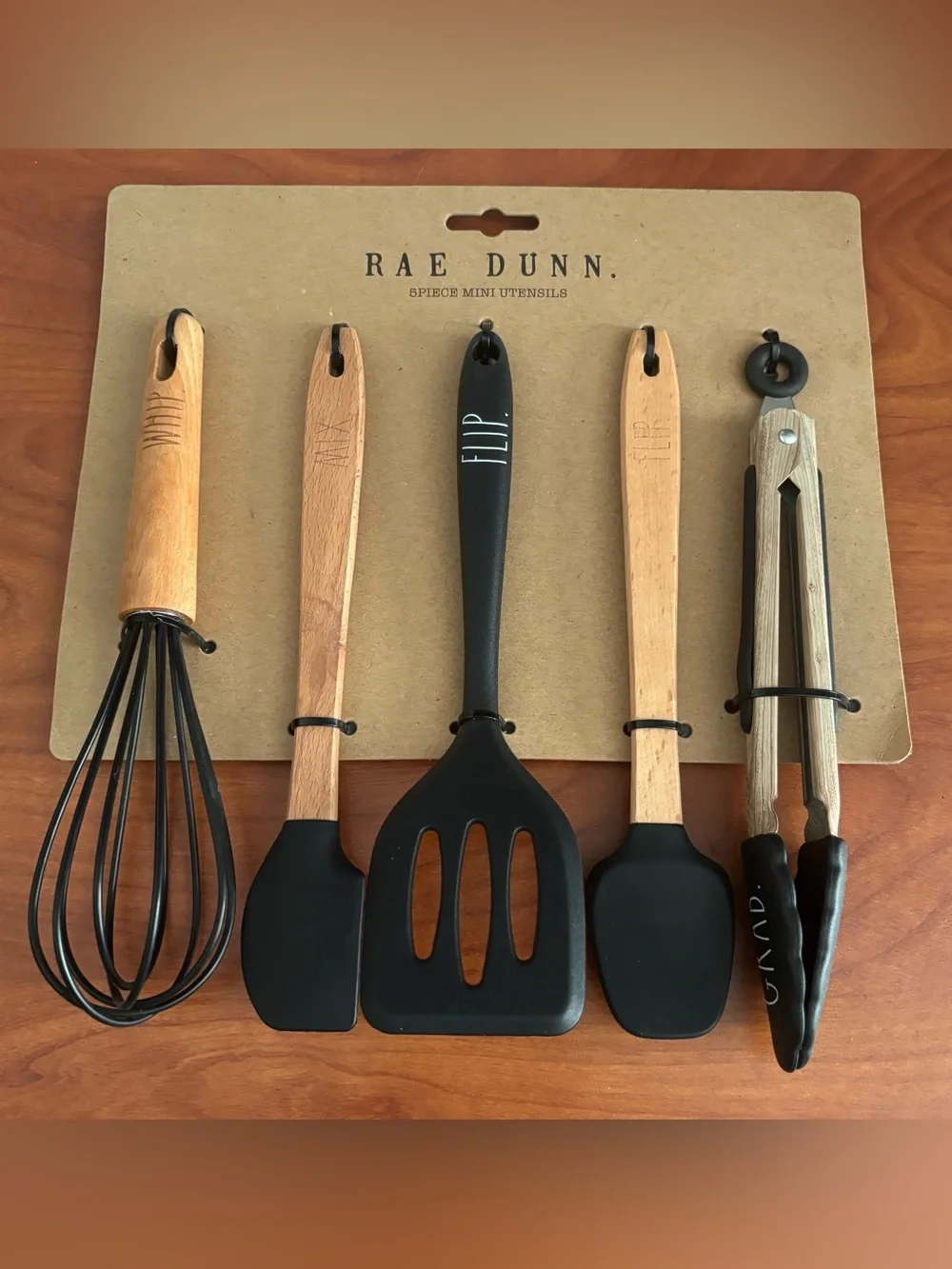 NWT Rae Dunn 5-Piece Mini Kitchen Utensil Set Black Silicone Wooden Handles